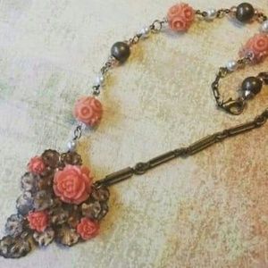 Upcycled celluloid rose necklace